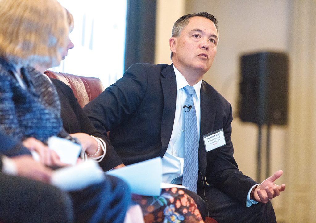 CUTTING COSTS: Dr. Alan Kurose, president and CEO of Coastal Medical, speaks about health care costs during the 2018 Spring Providence Business News Health Care Summit at the Providence Marriott Downtown on April 6. / PBN PHOTO/RUPERT WHITELEY