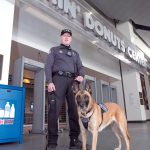 SECURITY TEAM: Officer Lincoln Sisson and Kyra, a 6-year-old female Belgian Malinois, are part of the Dunkin’ Donuts Center homeland security team that does sweeps of the facility and guests in advance of and during events.  / PBN PHOTO/MICHAEL SALERNO