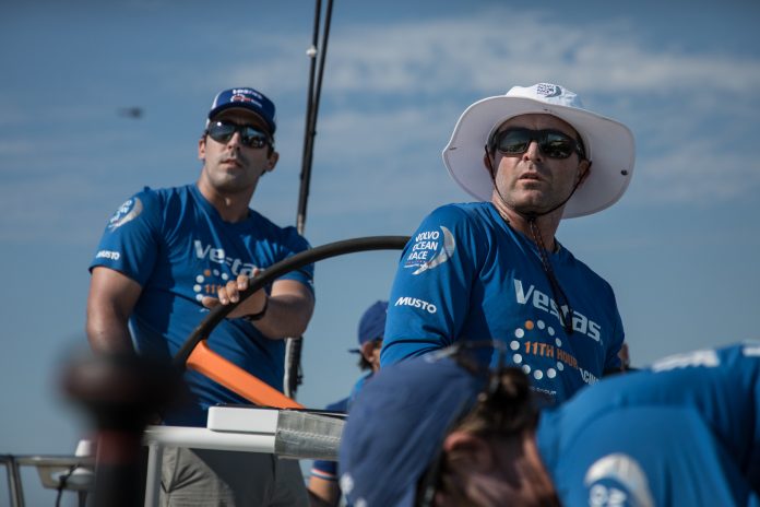 VESTAS 11TH HOUR RACING'S Mark Towill, left, and Charlie Enright, right, begin Leg 8 of the Volvo Ocean Race from Itajai, Brazil to Newport. / COURTESY VOLVO OCEAN RACE