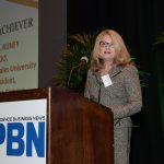 JOHNSON & WALES UNIVERSITY Chief Operating Officer and President of the Providence Campus Mim L. Runey speak to the crowd at PBN's third annual C-Suite Awards dinner after receiving the program's Career Achiever award. / PBN PHOTO/MIKE SKORSKI