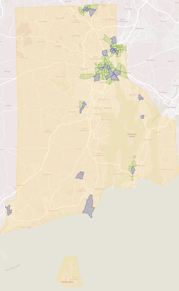 OPPORTUNITY ZONES: A map of the nominated census tracts in Rhode Island that Gov. Gina M. Raimondo submitted to the U.S. Treasury Department as Opportunity Zones, areas in which investors become eligible for tax incentives for investing in real estate projects or businesses. / COURTESY COMMERCE RI