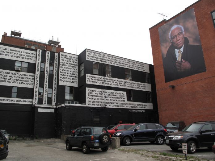 THE MURAL on the left is on the rear of the AS220 building downtown. At right, one of the portraits in the city-funded Seen Unseen grouping. /PBN FILE PHOTO/MARK S. MURPHY