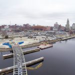 The new pedestrian bridge’s steel frame is close to fully spanning the Providence River, as construction workers continue building the new bridge by utilizing the existing stone piers from the old Interstate 195 corridor as its foundation. Work on the $21.9 million project began in fall 2016 and is expected to finish by next summer. The project was supposed to wrap up by this fall, however it was delayed due to problems with steel fabrication. Daniel O’Connell’s Sons is the project’s general contractor and Inform Studios is the architect. The bridge’s length will be 450 feet, and the width will vary between 15 feet and 60 feet. It will have two decks, with the upper main deck being about 10,000 square feet in size, while the lower deck – built lower toward the river – will be about 1,500 square feet.  / COURTESY R.I. DEPARTMENT OF TRANSPORTATION