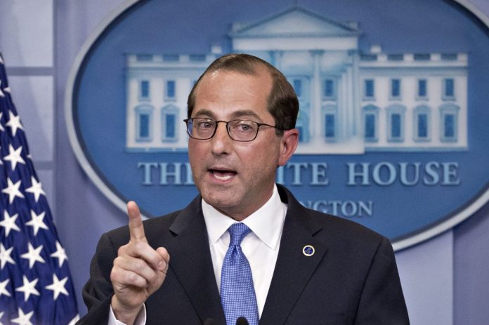 ALEX AZAR, secretary of Health and Human Services, speaks during a press briefing at the White House after an event on lowering drug prices with President Donald Trump. / BLOOMBERG FILE PHOTO/ANDREW HARRER