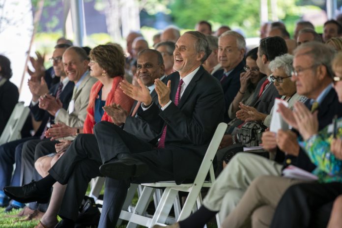 BROWN UNIVERSITY has dedicated its new Engineering Research Center located on Manning Way Thursday. Dean Larry Larson sits center, clapping, with keynote speaker Subra Suresh to his right and President Christina H. Paxson seated far right. / PHOTO BY NICK DENTAMARO / COURTESY BROWN UNIVERSITY