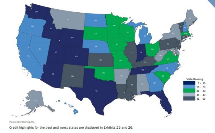 RHODE ISLAND RANKED No. 39 in the May 2018 State of the States credit report from Conning Inc. / COURTESY CONNING