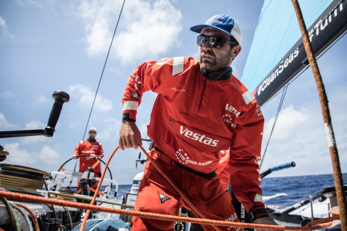 CHARLIE ENRIGHT, Skipper for Vestas 11th Hour, works in the pit on Day 15 of Leg 8 from Itajai, Brazil, to Newport. / COURTESY VOLVO OCEAN RACE/MARTIN KERUZORE CHARLIE ENRIGHT, Skipper for Vestas 11th Hour, works in the pit on Day 15 of Leg 8 from Itajai, Brazil, to Newport. / COURTESY VOLVO OCEAN RACE/MARTIN KERUZORE