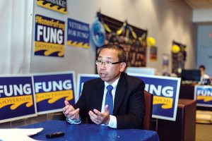 LOCAL CONTROL: Cranston Mayor Allan W. Fung, a Republican candidate for governor, said he would support a voter referendum for the proposed natural gas power plant in Burrillville, adding that local control and local decision-making works in Rhode Island. / PBN PHOTO/RUPERT WHITELEY