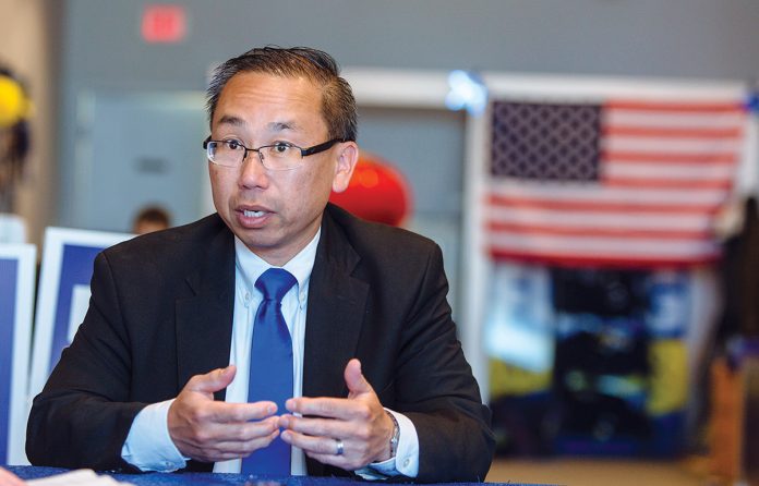 MAKING AN IMPRESSION: Cranston Mayor Allan W. Fung has plans to reduce the state’s sales tax from 7 percent to 5 percent, paying for much of the drop in revenue by eliminating many of Gov. Gina M. Raimondo’s economic-development incentives.   / PBN PHOTO/RUPERT WHITELEY