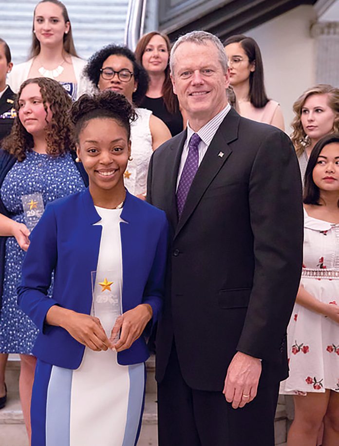 FUTURE LEADER: University of Massachusetts Dartmouth graduate Charlemya Erasme, pictured with Mass. Gov. Charlie Baker at the Statehouse, was named among the commonwealth’s “29 Who Shine” for her potential as a future state leader.  / COURTESY UNIVERSITY OF MASSACHUSETTS DARTMOUTH