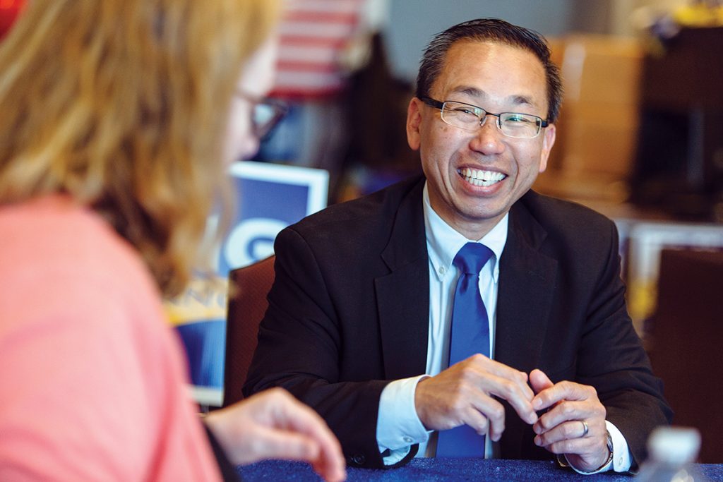 LOW-FEE PROMISE: Gubernatorial candidate Allan W. Fung, mayor of Cranston, says Rhode Island should have a reputation of being low in taxes and low in fees. He wants to reduce business fees to put money back in the pockets of owners, who he says have been struggling. / PBN PHOTO/RUPERT WHITELEY 