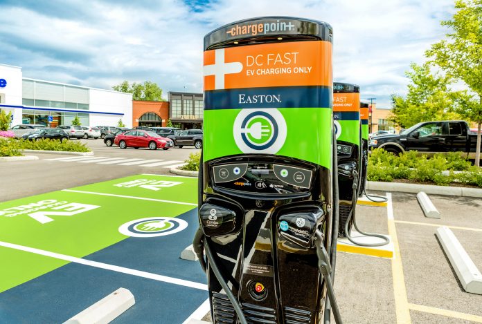 MORE electric-vehicle charging stations like this one will help Rhode Island meet environmental goals, said Kevin Miller of ChargePoint, a California-based manufacturer. / COURTESY CHARGEPOINT