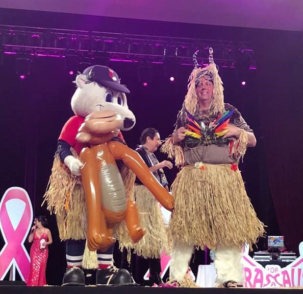 GUEST MODELS including Pawtucket Mayor Donald R. Grebien and Pawtucket Red Sox mascot Paws wear themed bras for auction during the Bras for a Cause fundraiser for the Gloria Gemma Breast Cancer Resource Foundation May 19. / COURTESY PAWTUCKET MAYOR’S OFFICE