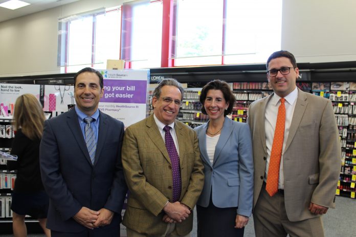 HRSI PARTICIPANTS may now pay their health insurance bills at a CVS Pharmacy retail location. Above, from left to right, – HSRI Chief Operating Officer Ernie Iannitelli, Sen. Joshua Miller, Gov. Gina M. Raimondo, HSRI Director Zachary W. Sherman. / COURTESY HSRI