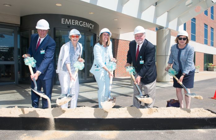 NEWPORT HOSPITAL'S $12.5 emergency room expansion will add 12 treatment rooms and three triage spaces. Officials broke ground on the project Friday morning. From left, are Peter Capodilupo, Chairman, Newport Hospital Foundation Board of Trustees, Happy van Beuren, van Beuren Charitable Foundation ,Crista F. Durand, president, Newport Hospital, Larry A. Aubin, Sr., chairman, Lifespan Board of Directors, Dorienne Farzan, Alletta Morris McBean Charitable Trust / COURTESY LIFESPAN