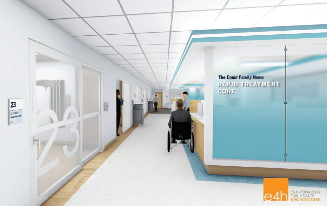 NEWPORT HOSPITAL'S $12.5 emergency room expansion will add 12 treatment rooms and three triage spaces. Above is a conceptual drawing of the planned interior. / COURTESY LIFESPAN