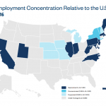RHODE ISLAND is among top states with specialized concentrations in biotech according to BIO's 2018 industry report. Above, a map depicting biotech employment concentrations by state. /COURTESY BIO