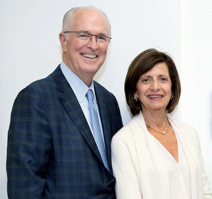 URI ANNOUNCED THURSDAY a $3 million gift by Richard J. Harrington '73 and his wife Jean to the URI Harrington School of Communication and Media. The Harringtons are pictured here in 2016 at the Harrington HUB opening. / COURTESY URI/JOE GIBLIN