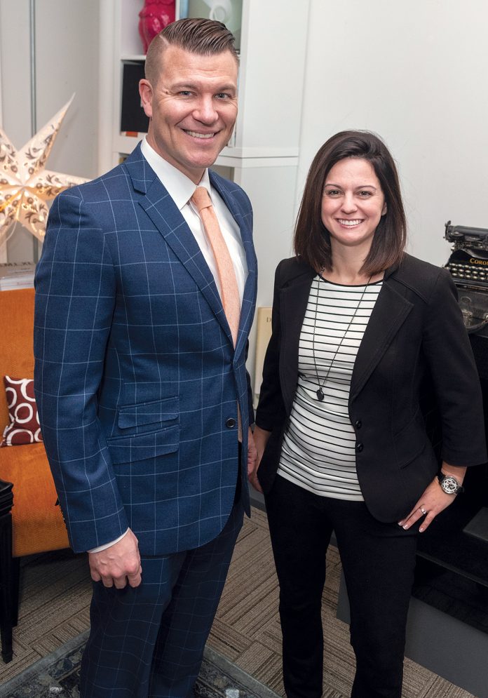 PERSONAL TOUCH: Tyler Wentworth, president, and Erin Pavane, career coach, launched The Hire, a Pawtucket-based corporate staffing agency, in December 2017 to offer clients a more personal relationship with recruiters.  / PBN PHOTO/MICHAEL SALERNO
