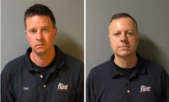 THE R.I. STATE POLICE have arrested Daniel A. Anton, left, and Gary W. Gagne, owners of Middletown-based Flint Audio-Video, for allegedly soliciting an employee to illegally access and share nude images found on customers’ cell phones and computers. / COURTESY R.I. STATE POLICE