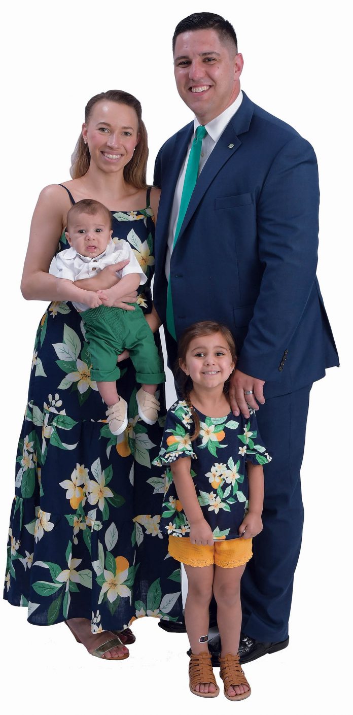 the prop: James Yaitanes’ family: wife, Astrid, and children Sophie, 3, and Sterling, 3 months. They are “what it’s all about, in my opinion.” / PBN PHOTO/MIKE SKORSKI