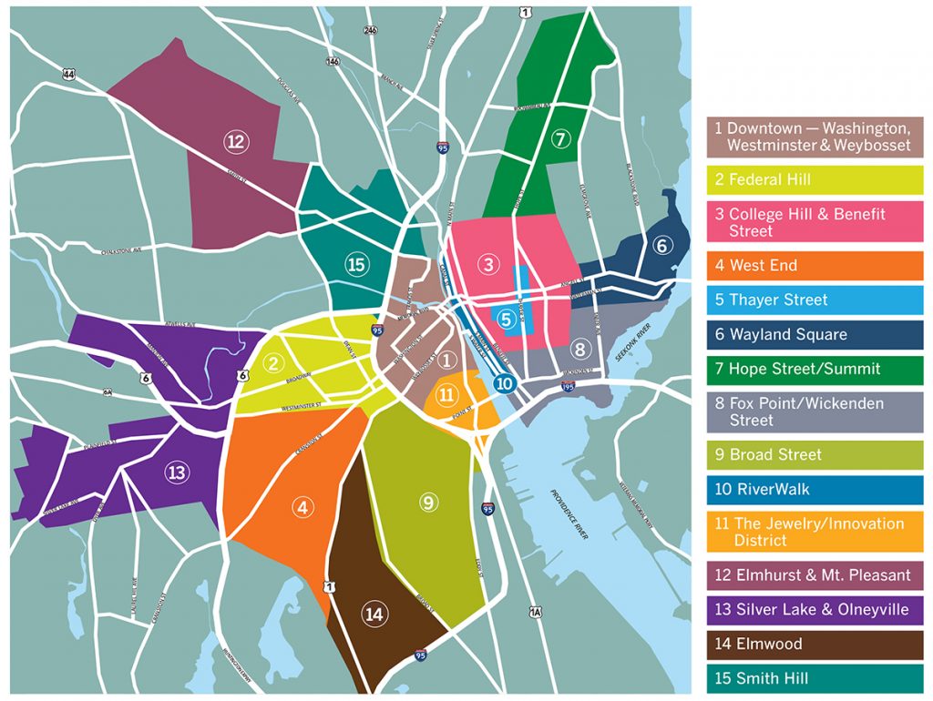 CONNECTING COMMUNITIES: The Providence Warwick Convention & Visitors Bureau recently created online guides to 15 Providence neighborhoods that each have a “unique character and identity.”  / PBN MAP/ANNE EWING