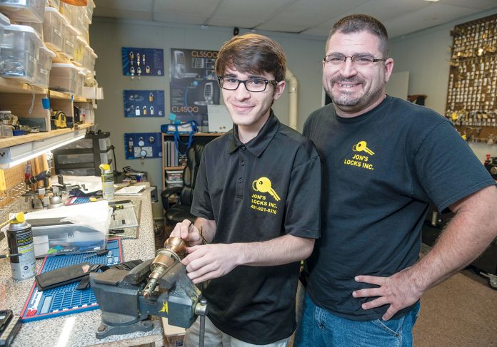 VETERAN LOCKSMITH: Jon Issa, right, is the owner of Jon’s Locks, which provides lock sets and other security services. He recently moved his business into a storefront retail location in Warwick. With Issa is his employee and son Zachary Issa.
/ PBN PHOTO/MICHAEL SALERNO VETERAN LOCKSMITH: Jon Issa, right, is the owner of Jon’s Locks, which provides lock sets and other security services. He recently moved his business into a storefront retail location in Warwick. With Issa is his employee and son Zachary Issa.
/ PBN PHOTO/MICHAEL SALERNO