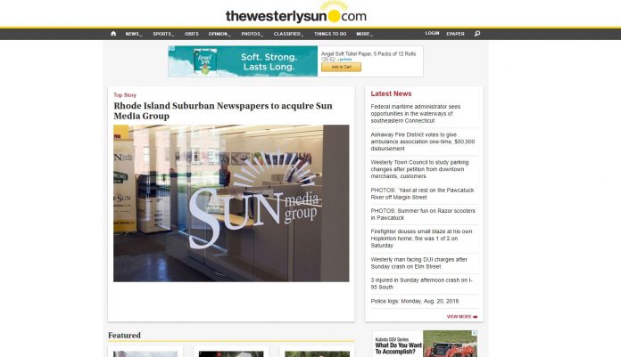 THE WESTERLY SUN has been acquired by the Marion Ill.-based Rhode Island Suburban Newspapers. Above, a screenshot of the Westerly Sun announcing the sale. THE WESTERLY SUN has been acquired by Marion Ill.-based Rhode Island Suburban Newspapers. Above, a screenshot of the Westerly Sun announcing the sale.