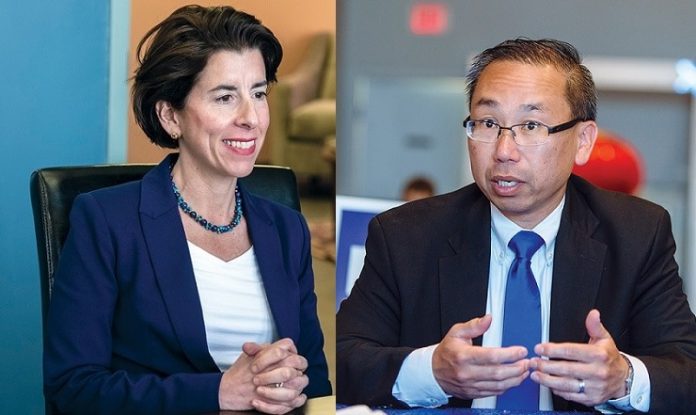 ACCORDING TO A July poll from Roger Williams University and WPRI-TV CBS 12, the race for governor remains a dead heat between Democratic Gov. Gina M. Raimondo and Republican Cranston Mayor Allan W. Fung. All told, there seem to be six major candidates for the state's top elected office. / PBN FILE PHOTOS/MICHAEL SALERNO AND RUPERT WHITELEY