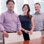 BLUE TECH: Co-founders, from left, Mark Huang, managing director; Alissa Peterson, executive director; and Jason Kelly, board chair, formed SeaAhead, an advisory firm that works with marine businesses, in May.  / PBN PHOTO/MICHAEL SALERNO