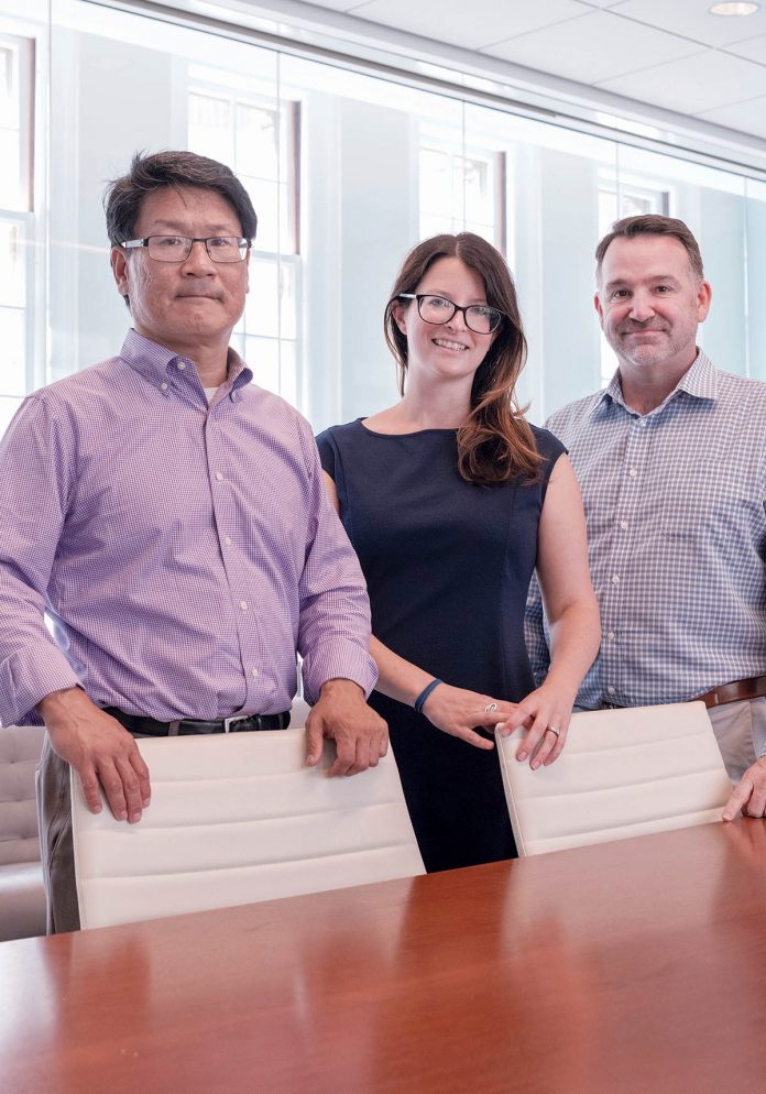 BLUE TECH: Co-founders, from left, Mark Huang, managing director; Alissa Peterson, executive director; and Jason Kelly, board chair, formed SeaAhead, an advisory firm that works with marine businesses, in May.  / PBN PHOTO/MICHAEL SALERNO