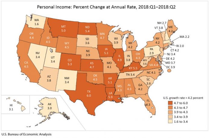 PERSONAL INCOME in Rhode Island increased 2 percent quarter to quarter and 4 percent year over year in the second quarter. / COURTESY BUREAU OF ECONOMIC ANALYSIS