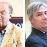 FORMER R.I. SUPREME COURT JUSTICE Robert G. Flanders Jr., left, and U.S. Sen. Sheldon Whitehouse are fighting for the right to represent the Ocean State in the Senate, where Whitehouse has been sitting since 2006. / PBN FILE PHOTOS/MICHAEL SALERNO