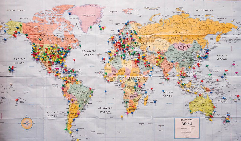 WORLD TRAVELERS: Thumbtacks in a map mark the destinations of the 14,000 military personnel that have visited the Rhode Island Military Organization lounge at T.F. Green Airport in Warwick since it opened in 2013.  / PBN PHOTO/DAVE HANSEN