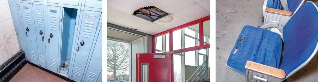 STATEWIDE ISSUES: Pictured are examples of items at schools throughout the state in need of repair, including deteriorated lockers and auditorium seats at Classical High School in Providence and damaged ceiling tiles at Rogers High School in Newport.  / PBN FILE PHOTOS/MICHAEL SALERNO