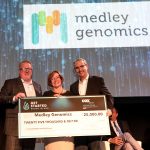 MEDLEY GENOMICS won the Get Started Rhode Island Pitch Competition Thursday. Above, from left, Ross Nelson, vice president, Cox Business; Patrice Milos, president and CEO, Medley Genomics; and Ken Kraft, senior vice president of marketing and sales operations, Cox Business. / COURTESY COX BUSINESS