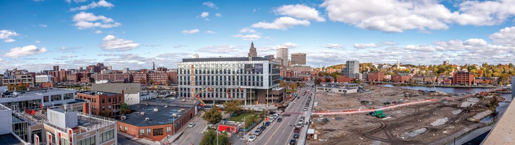 ROOFTOP VIEW: A panoramic view from the roof of the South Street Landing parking garage shows many of the sites surrounding the Wexford Innovation Center in the Jewelry District of Providence.  / PBN PHOTO/MICHAEL SALERNO