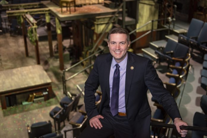 Tom Parrish’s success at Trinity Rep has been recognized by Providence Business News, which awarded it a Business Excellence Award recently for Excellence at a Midsize Company, based largely on the financial turnaround of the 55-year-old acting company since he arrived in 2015. / PBN PHOTO/DAVE HANSEN