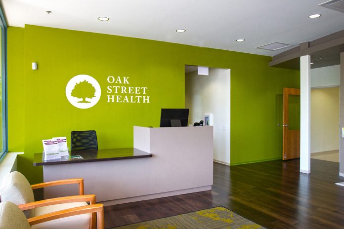 BLUE CROSS AND BLUE SHIELD OF RHODE ISLAND and Oak Street Health will open three primary care health centers for Medicare patients in Rhode Island in 2019. Above, a view of an Oak Street Health center's front desk in Ashburn, Ill. / COURTESY TORI SOPER