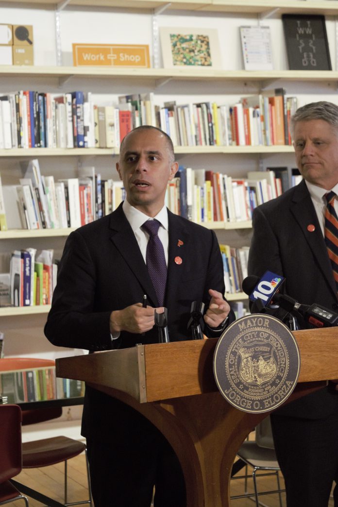 PROVIDENCE MAYOR Jorge O. Elorza, left, announced the launch of another round of the Providence Design Catalyst program. This year, the program will provide $150,000 to the program's cohort. Applications opened Nov. 1. On the right, R.I. Department of Labor and Training Director Scott Jensen. / COURTESY DESIGNXRI