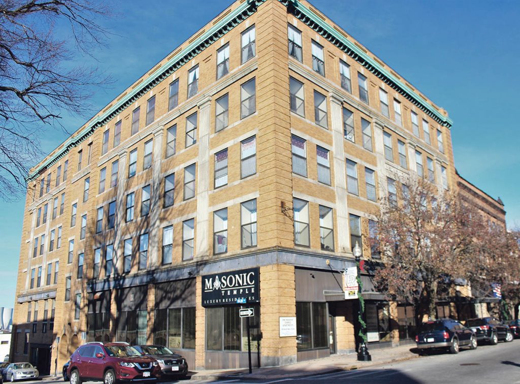 150 North Main St. (1922) OWNER: Stephen E. Chaletzky Trustee TENANTS: Masonic Temple Luxury Residences, Menard Chiropractic Health Center, Russell N. McCarthy Law Office