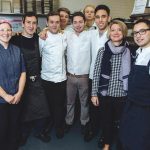 GRACIE’S TEAM: Gracie’s Ventures owner Ellen Slattery, second from right, with, from left, Melissa Denmark, executive pastry chef; Matt Varga, executive chef; Brian O’Connell; Griffin Vosbeck; Jordan Fleischer; Johnathan Maccini; Andres Rodriguez; and Josh Berman. Slattery said the biggest challenge has been hiring but the restaurant has had the same team for a year. / PBN PHOTO/RUPERT WHITELEY