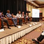 PANELSTS AT PBN's Diversity & Inclusion Summit address attendees at the Crowne Plaza Providence-Warwick. From left to right, Greg Almieda, Guillaume Bagal, Kim Barker Lee, Juan Lopera and Randy Martinez. / PBN PHOTO/ PAMELA BHATIA