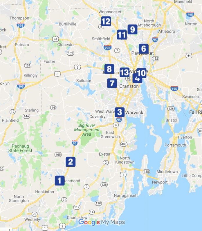 THE R.I. DEPARTMENT of Transportation has received Federal Highway Administration approval for the remaining 10 truck-toll gantry locations following an environmental review. Above, a map of the gantry locations. / COURTESY GOOGLE INC.