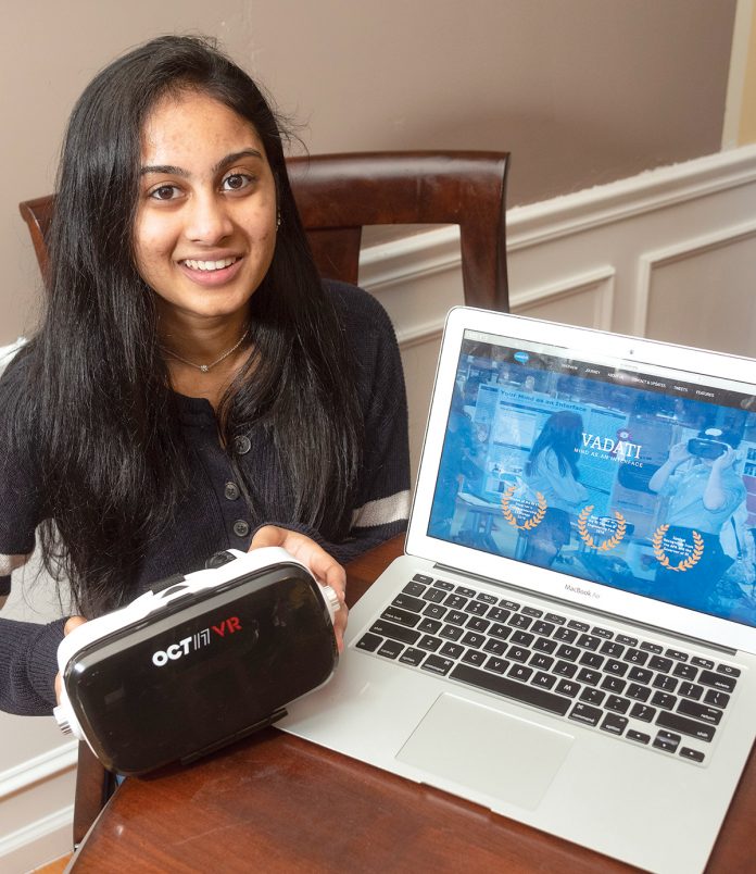 SPEECH PREP: Sree Dasari, a student at La Salle Academy in Providence, has started her own business. She is designing an app that uses virtual reality scenarios to help people work on their public-speaking skills.  / PBN PHOTO/MICHAEL SALERNO