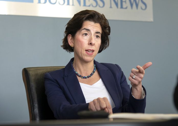 GOV. GINA M. RAIMONDO signed an executive order creating a government efficiency commission to evaluate departments for potential real estate and programmatic streamlining. / PBN FILE PHOTO/MICHAEL SALERNO