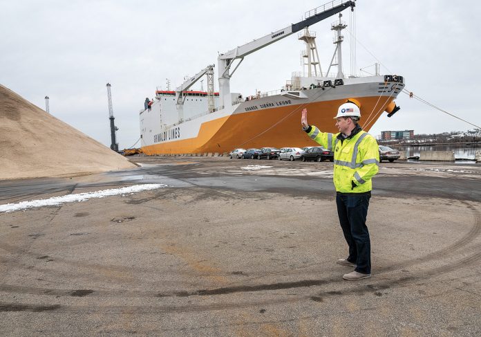 IMPROVEMENTS UNDERWAY: ProvPort Terminal Manager Chris Waterson identifies a section of the port that will handle wind turbines. The port is undergoing improvements after voters in 2016 approved $20 million in upgrades.  / PBN PHOTO/MICHAEL SALERNO 