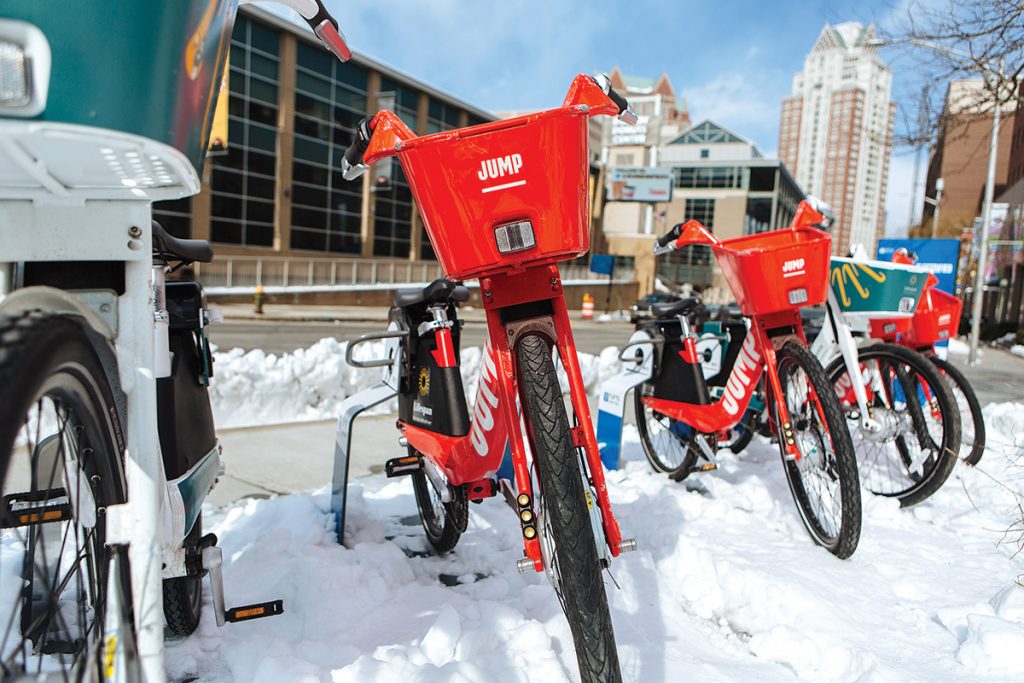 BIKE-SHARE: JUMP Bikes are parked at one of several stations throughout Providence. The city contracted with the then-independent company in 2017 to provide bike transportation in the capital city for five years. The bike-share has since been purchased by Uber.  / PBN PHOTO/RUPERT WHITELEY 