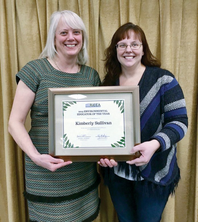 ENVIRONMENTAL EDUCATION: ­Kimberly Sullivan, right, aquatic resource education coordinator for the R.I. Department of Environmental Management’s Division of Fish & Wildlife, received the Rhode Island Environmental Education Association’s Environmental Education Award. Posing with Sullivan is DEM Executive Director Janet Coit.  / COURTESY R.I. DEPARTMENT OF  ENVIRONMENTAL MANAGEMENT