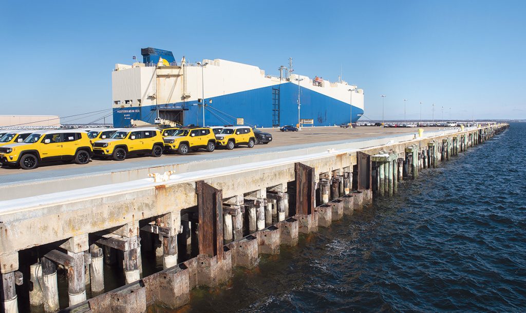 IMPORT RECORD: Pictured is Pier 1 at the Port of Davisville at the Quonset Point, in North Kingstown, which imported a record 241,851 vehicles by ship in 2018.  / PBN PHOTO/DAVE HANSEN